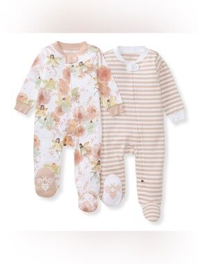 2 Burt's Bees Baby Sleep & Play Peach Floral & Stripe Organic Cotton Footie Set